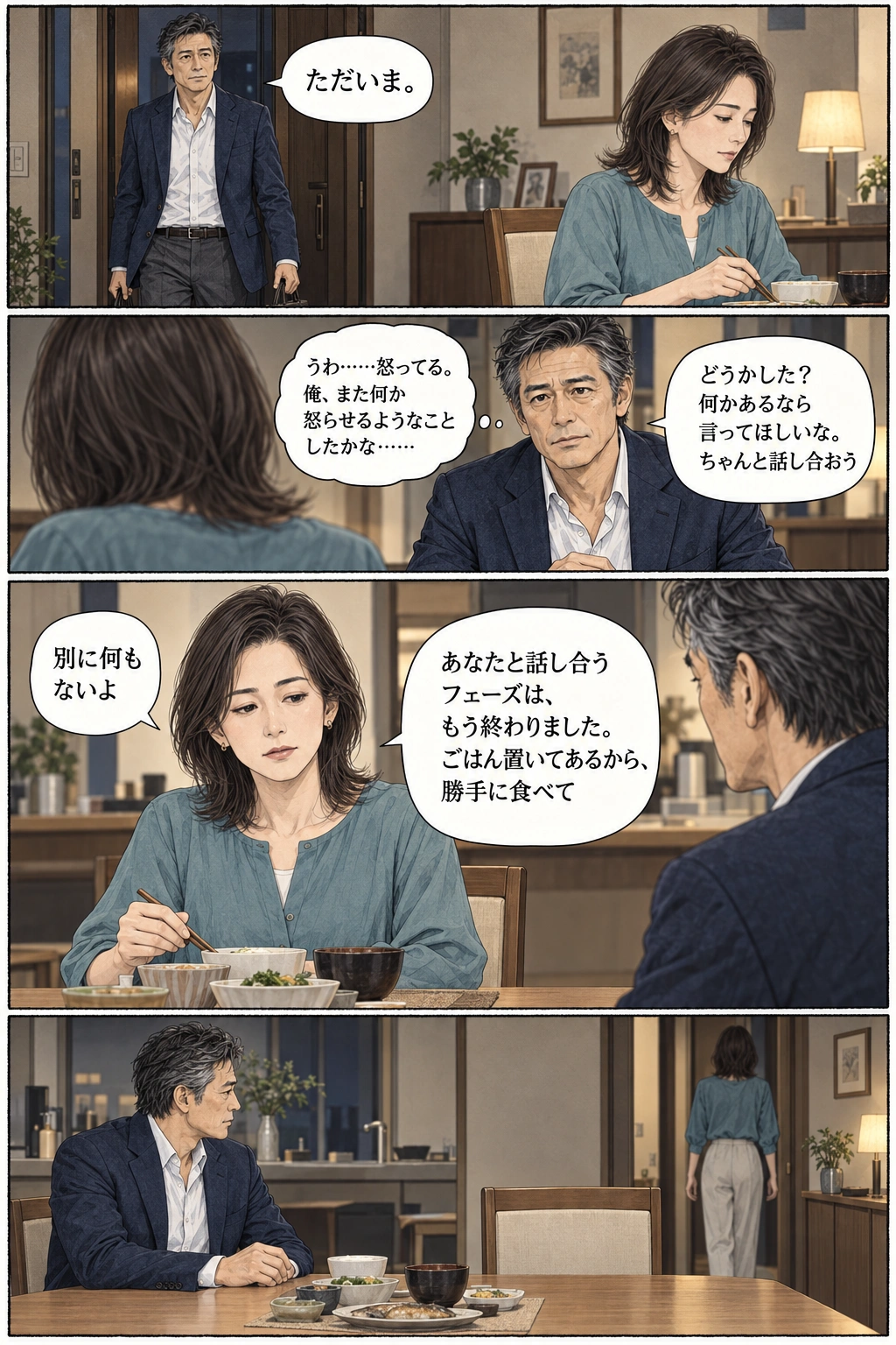 帰宅した夫が話しかけるも会話が途切れ、一人で食卓に残る様子を描いた4コマ漫画